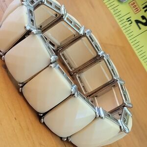 Vintage Ivory Faceted Panel Stretch Bracelet Silver Tone Chunky 45g